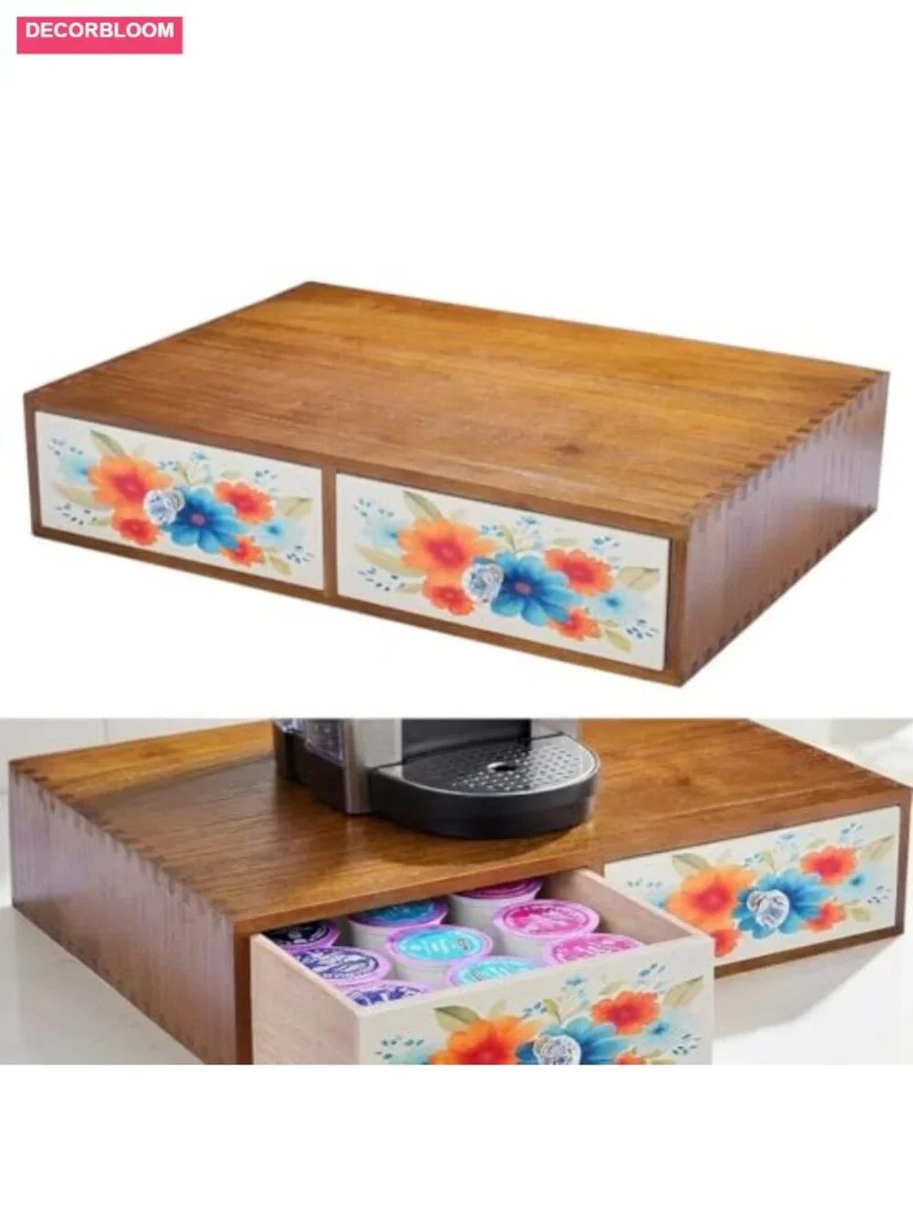 Wooden Coffee Pod Holder with Two Drawers - Solid Wood Farmhouse Organizer for